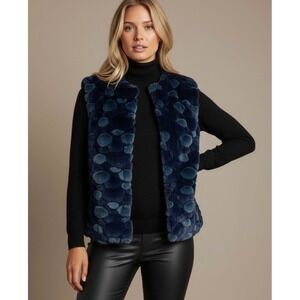 Moffi International Blue Bubble Faux Fur Vest Size Large Navy Teal Winter Layer